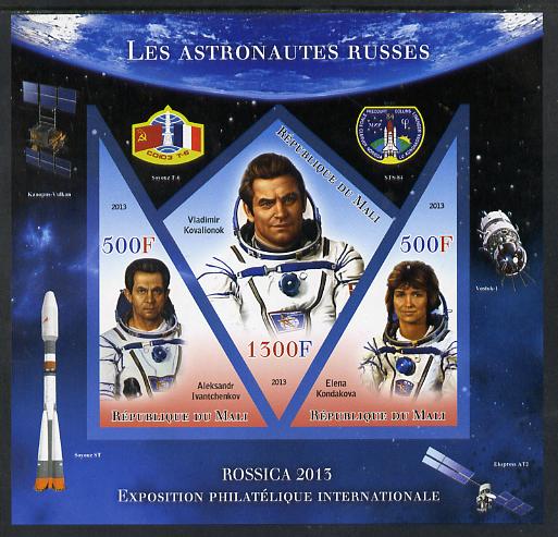 Mali 2013 Rossica Stamp Exhibition - Russian Astronauts #19 imperf sheetlet containing 3 values (2 triangulars & one diamond shaped) unmounted mint, stamps on stamp exhibitions, stamps on space, stamps on shaped, stamps on triangulars, stamps on diamond, stamps on 