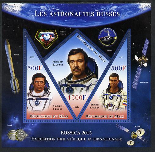 Mali 2013 Rossica Stamp Exhibition - Russian Astronauts #28 perf sheetlet containing 3 values (2 triangulars & one diamond shaped) unmounted mint, stamps on stamp exhibitions, stamps on space, stamps on shaped, stamps on triangulars, stamps on diamond, stamps on 