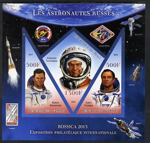 Mali 2013 Rossica Stamp Exhibition - Russian Astronauts #29 imperf sheetlet containing 3 values (2 triangulars & one diamond shaped) unmounted mint, stamps on stamp exhibitions, stamps on space, stamps on shaped, stamps on triangulars, stamps on diamond, stamps on 
