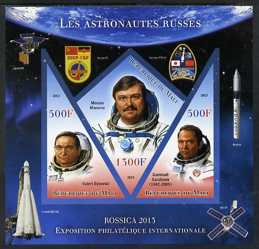 Mali 2013 Rossica Stamp Exhibition - Russian Astronauts #30 imperf sheetlet containing 3 values (2 triangulars & one diamond shaped) unmounted mint, stamps on stamp exhibitions, stamps on space, stamps on shaped, stamps on triangulars, stamps on diamond, stamps on 