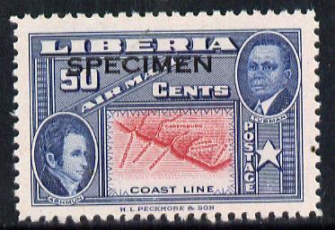 Liberia 1952 Ashmun 50c Map of Coastline perf proof in issued colours opt'd Specimen unmounted mint (as SG 722), stamps on maps