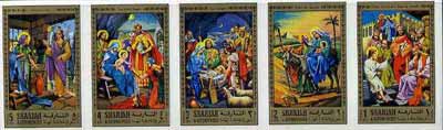 Sharjah 1970 Life of Christ #1 two imperf strips of 5 (Mi 737-46B) , stamps on religion