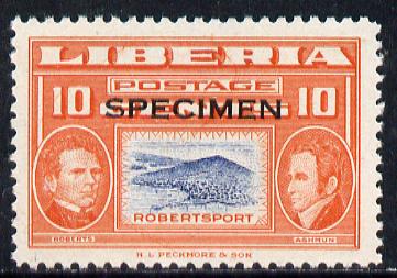 Liberia 1952 Ashmun 10c Robertsport perf proof in issued colours opt'd Specimen unmounted mint (as SG 720), stamps on ports