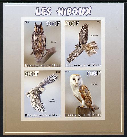 Mali 2013 Owls imperf sheetlet containing 4 values unmounted mint, stamps on owls, stamps on birds.birds of prey