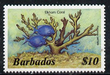 Barbados 1986 Elkhorn Coral $10 (from Marine Life def set) without imprint date, SG 809A, stamps on coral, stamps on marine-life