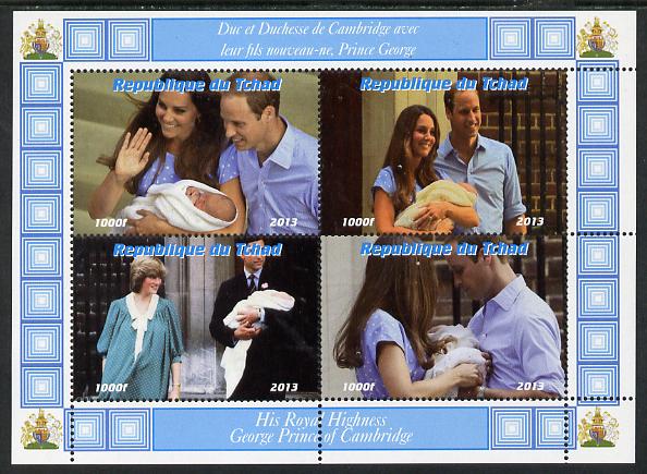Chad 2013 The Royal Baby #2 perf sheetlet containing 4 values unmounted mint. Note this item is privately produced and is offered purely on its thematic appeal. . , stamps on royalty, stamps on george, stamps on william, stamps on kate, stamps on diana, stamps on charles