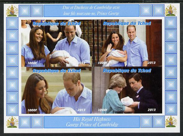 Chad 2013 The Royal Baby #4 imperf sheetlet containing 4 values unmounted mint. Note this item is privately produced and is offered purely on its thematic appeal. . , stamps on royalty, stamps on george, stamps on william, stamps on kate, stamps on diana, stamps on charles
