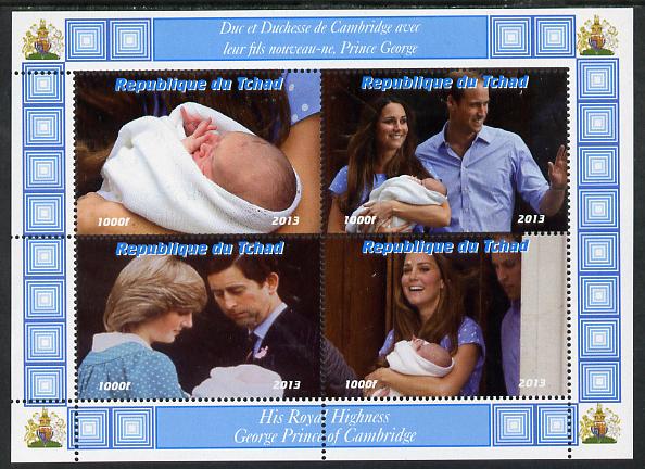 Chad 2013 The Royal Baby #6 perf sheetlet containing 4 values unmounted mint. Note this item is privately produced and is offered purely on its thematic appeal. . , stamps on royalty, stamps on george, stamps on william, stamps on kate, stamps on diana, stamps on charles