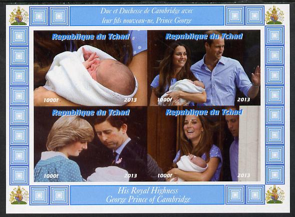 Chad 2013 The Royal Baby #6 imperf sheetlet containing 4 values unmounted mint. Note this item is privately produced and is offered purely on its thematic appeal. . , stamps on royalty, stamps on george, stamps on william, stamps on kate, stamps on diana, stamps on charles