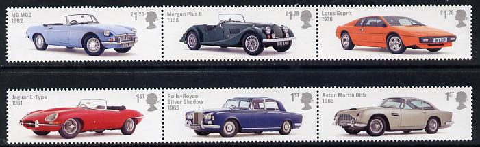 Great Britain 2013 British Auto Legends set of 6 (2 strips of 3) unmounted mint, stamps on cars, stamps on morgan, stamps on  mg , stamps on lotus, stamps on aston martin, stamps on rolls royce, stamps on jaguar