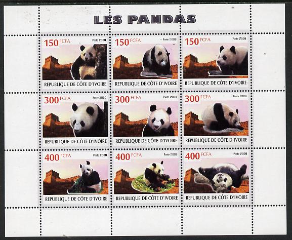 Ivory Coast 2009 Pandas perf sheetlet containing 9 values unmounted mint, stamps on animals, stamps on pandas, stamps on bears