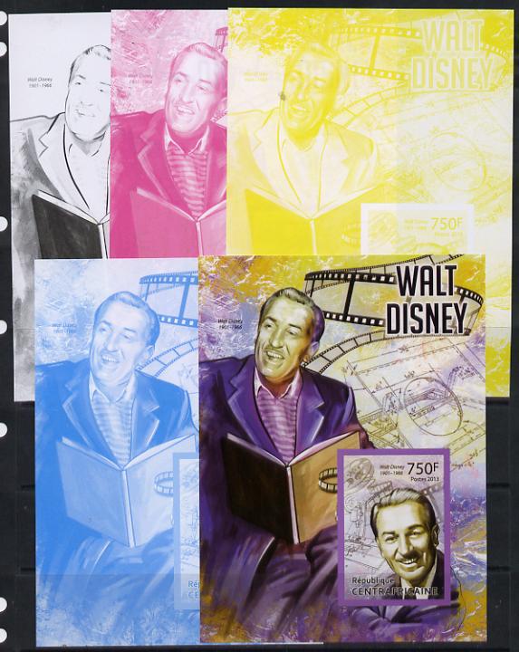 Central African Republic 2013 Walt Disney #1 m/sheet - the set of 5 imperf progressive proofs comprising the 4 individual colours plus all 4-colour composite, unmounted mint , stamps on personalities, stamps on disney, stamps on movies, stamps on cinema, stamps on cartoons, stamps on films