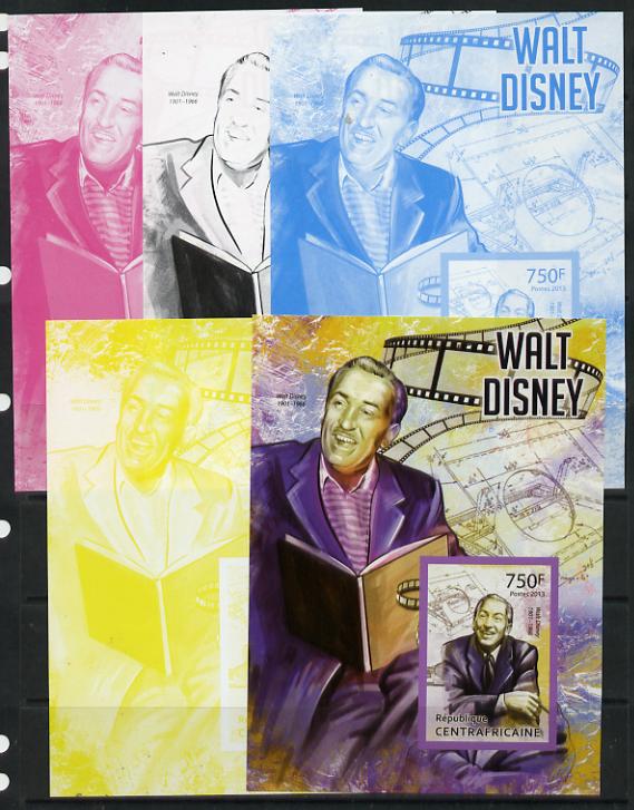 Central African Republic 2013 Walt Disney #2 m/sheet - the set of 5 imperf progressive proofs comprising the 4 individual colours plus all 4-colour composite, unmounted mint , stamps on , stamps on  stamps on personalities, stamps on  stamps on disney, stamps on  stamps on movies, stamps on  stamps on cinema, stamps on  stamps on cartoons, stamps on  stamps on films