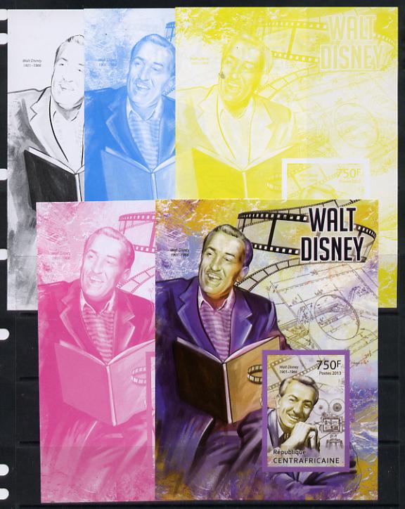 Central African Republic 2013 Walt Disney #3 m/sheet - the set of 5 imperf progressive proofs comprising the 4 individual colours plus all 4-colour composite, unmounted mint , stamps on personalities, stamps on disney, stamps on movies, stamps on cinema, stamps on cartoons, stamps on films