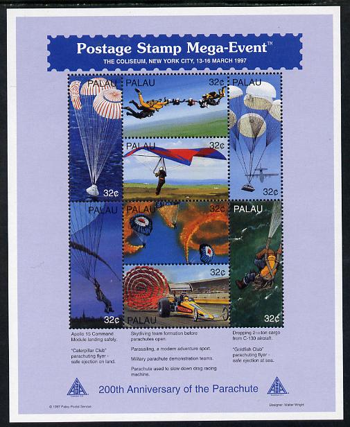 Palau 1994 Bicentenary of the Parachute (a) Postage perf sheetlet containing set of 8 unmounted mint SG 1157-54, stamps on parachutes, stamps on sport, stamps on space