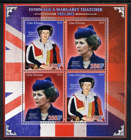 Ivory Coast 2013 Tribute to Margaret Thatcher perf sheetlet containing 4 values unmounted mint, stamps on personalities, stamps on constitutions, stamps on women, stamps on flags, stamps on 