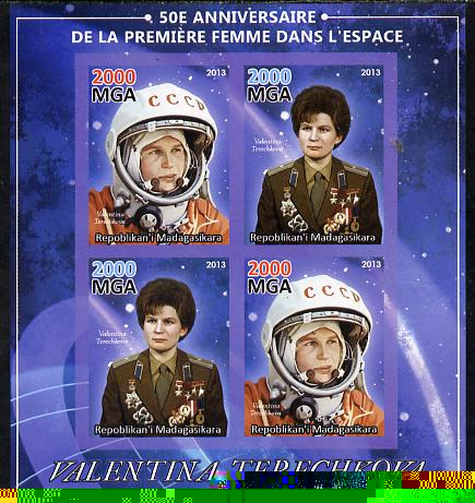 Madagascar 2013 50th Anniversary of First Woman in Space imperf sheetlet containing 4 values unmounted mint, stamps on personalities, stamps on space, stamps on women, stamps on 
