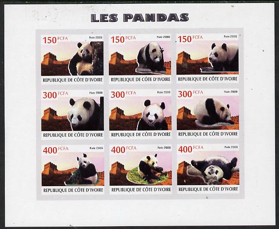 Ivory Coast 2009 Pandas imperf sheetlet containing 9 values unmounted mint, stamps on animals, stamps on pandas, stamps on bears