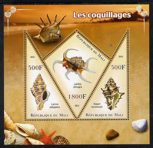 Mali 2013 Shells perf sheetlet containing 2 triangular & one diamond shaped values unmounted mint, stamps on shells, stamps on marine life