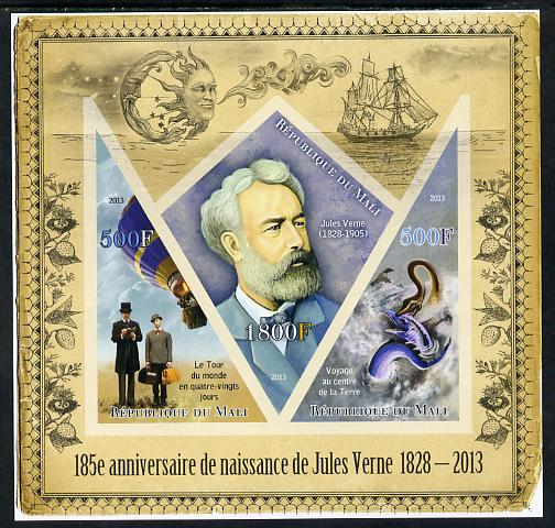 Mali 2013 185th Birth Anniversary of Jules Verne imperf sheetlet containing 2 triangular & one diamond shaped values unmounted mint, stamps on personalities, stamps on literature, stamps on sci-fi, stamps on verne, stamps on balloons