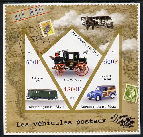 Mali 2013 Postal Vehicles imperf sheetlet containing 2 triangular & one diamond shaped values unmounted mint, stamps on postal, stamps on transport, stamps on cars, stamps on railways, stamps on aviation, stamps on coaches, stamps on mail coach, stamps on stampon, stamps on stamp on stamp