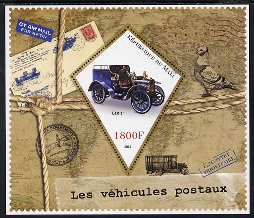 Mali 2013 Postal Vehicles perf s/sheet containing one diamond shaped value unmounted mint, stamps on postal, stamps on transport, stamps on cars, stamps on stampon, stamps on stamp on stamp, stamps on birds, stamps on pigeons