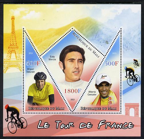 Mali 2013 Le Tour de France perf sheetlet containing 2 triangular & one diamond shaped values unmounted mint, stamps on bicycles, stamps on sport