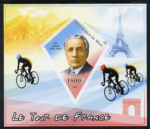Mali 2013 Le Tour de France imperf s/sheet containing one diamond shaped value unmounted mint, stamps on bicycles, stamps on eiffel tower, stamps on sport