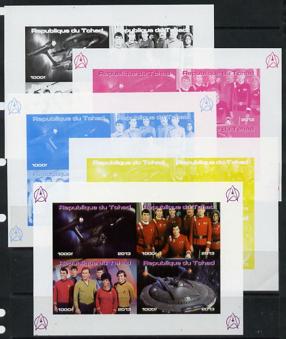 Chad 2013 Star Trek #4 sheetlet containing 4 vals - the set of 5 imperf progressive colour proofs comprising the 4 basic colours plus all 4-colour composite unmounted min..., stamps on sci-fi, stamps on films, stamps on  tv , stamps on films, stamps on cinema, stamps on movies