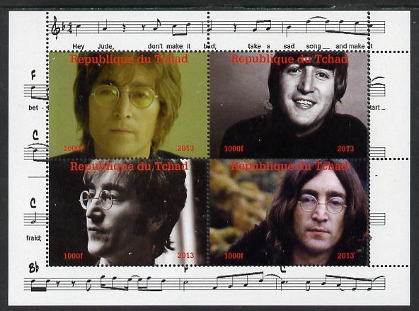 Chad 2013 The Beatles - John Lennon perf sheetlet containing 4 vals unmounted mint. Note this item is privately produced and is offered purely on its thematic appeal. , stamps on beatles, stamps on pops, stamps on music, stamps on rock