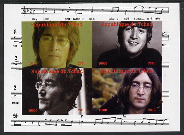 Chad 2013 The Beatles - John Lennon imperf sheetlet containing 4 vals unmounted mint. Note this item is privately produced and is offered purely on its thematic appeal. , stamps on beatles, stamps on pops, stamps on music, stamps on rock