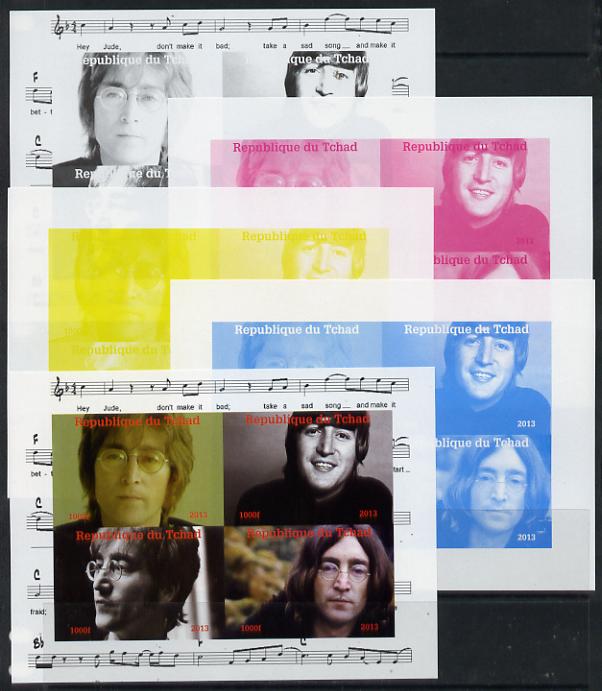 Chad 2013 The Beatles - John Lennon sheetlet containing 4 vals - the set of 5 imperf progressive colour proofs comprising the 4 basic colours plus all 4-colour composite ..., stamps on beatles, stamps on pops, stamps on music, stamps on rock