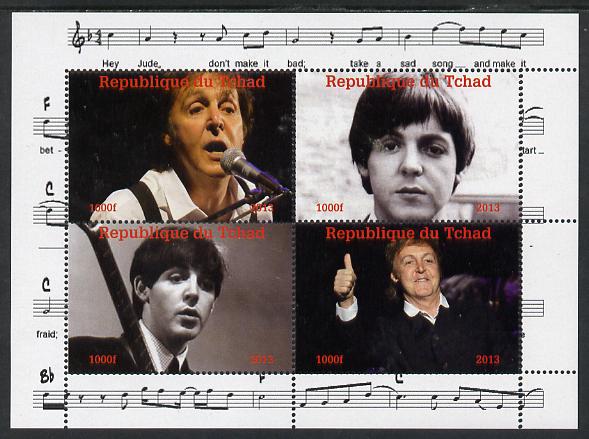 Chad 2013 The Beatles - Paul McCartney perf sheetlet containing 4 vals unmounted mint. Note this item is privately produced and is offered purely on its thematic appeal. , stamps on beatles, stamps on pops, stamps on music, stamps on rock