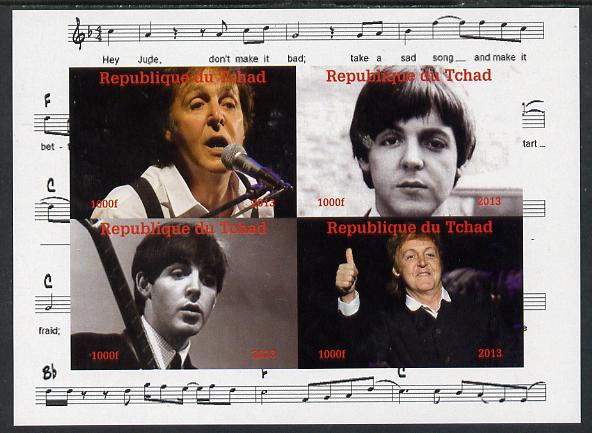 Chad 2013 The Beatles - Paul McCartney imperf sheetlet containing 4 vals unmounted mint. Note this item is privately produced and is offered purely on its thematic appeal. , stamps on , stamps on  stamps on beatles, stamps on  stamps on pops, stamps on  stamps on music, stamps on  stamps on rock
