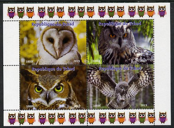 Chad 2013 Birds - Owls #1  perf sheetlet containing 4 vals unmounted mint. Note this item is privately produced and is offered purely on its thematic appeal. , stamps on birds, stamps on birds of prey, stamps on owls