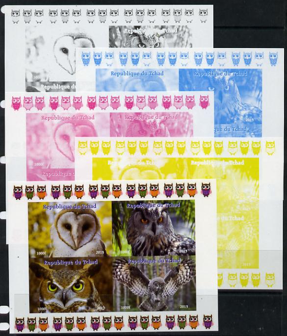 Chad 2013 Birds - Owls #1  sheetlet containing 4 vals - the set of 5 imperf progressive colour proofs comprising the 4 basic colours plus all 4-colour composite unmounted..., stamps on birds, stamps on birds of prey, stamps on owls