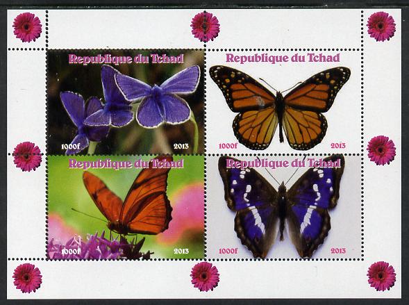 Chad 2013 Butterflies #06 perf sheetlet containing 4 vals unmounted mint. Note this item is privately produced and is offered purely on its thematic appeal. , stamps on butterflies