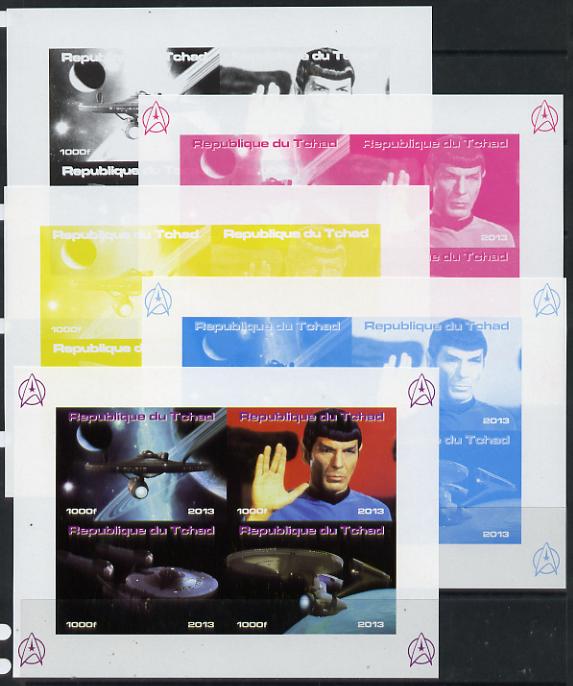 Chad 2013 Star Trek #3 sheetlet containing 4 vals - the set of 5 imperf progressive colour proofs comprising the 4 basic colours plus all 4-colour composite unmounted min..., stamps on sci-fi, stamps on films, stamps on  tv , stamps on films, stamps on cinema, stamps on movies