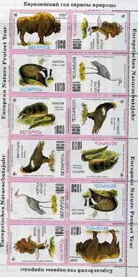 Byelorussian Nature Protection Society 1995 WWF sheetlet of 12 stamps (2 sets of 6 arranged tete-beche) with pink borders unmounted mint, stamps on wwf     animals     bovine    birds of prey    badger   , stamps on  wwf , stamps on 