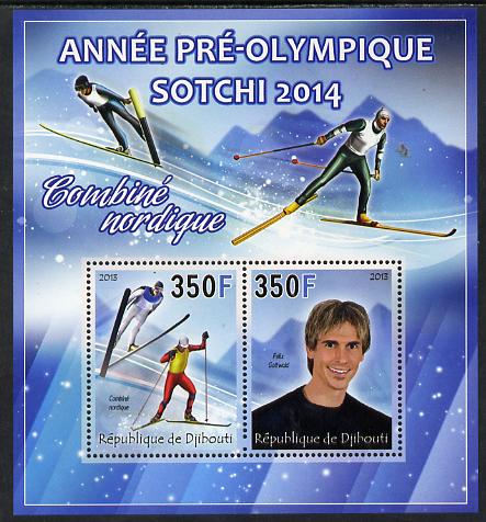 Djibouti 2013 Sochi Winter Olympics - Combined Skiing perf sheetlet containing 2 values unmounted mint, stamps on olympics, stamps on  ice , stamps on  skiing