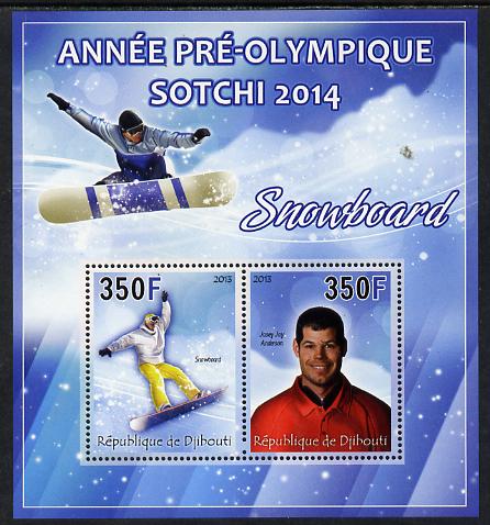 Djibouti 2013 Sochi Winter Olympics - Snowboarding perf sheetlet containing 2 values unmounted mint, stamps on olympics, stamps on  ice , stamps on  snowboard