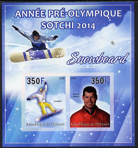 Djibouti 2013 Sochi Winter Olympics - Snowboarding imperf sheetlet containing 2 values unmounted mint, stamps on olympics, stamps on  ice , stamps on  snowboard