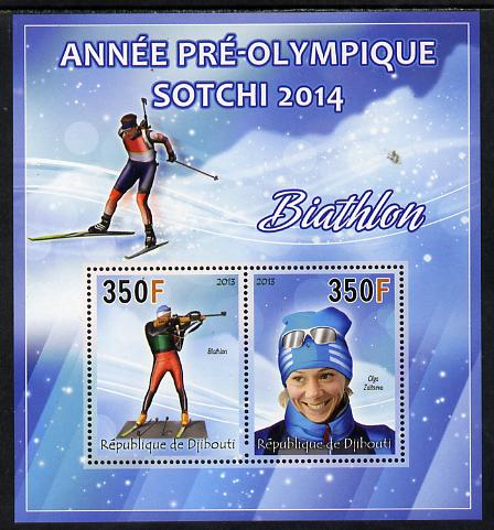 Djibouti 2013 Sochi Winter Olympics - Biathlon perf sheetlet containing 2 values unmounted mint, stamps on olympics, stamps on  ice , stamps on  skiing, stamps on shooting, stamps on rifle