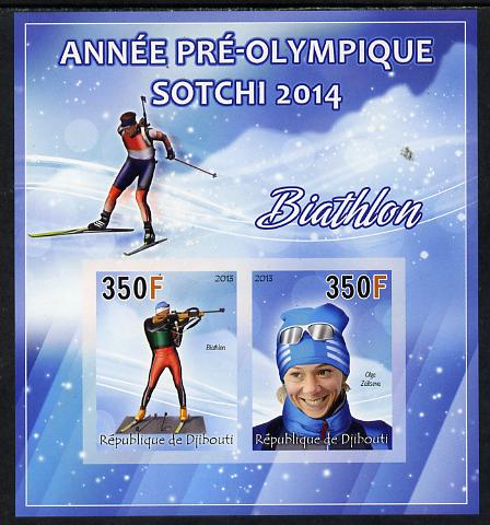 Djibouti 2013 Sochi Winter Olympics - Biathlon imperf sheetlet containing 2 values unmounted mint, stamps on olympics, stamps on  ice , stamps on  skiing, stamps on shooting, stamps on rifle