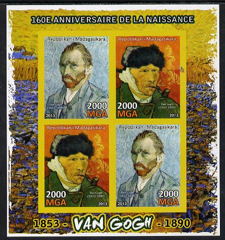 Madagascar 2013 160th Birth Anniversary of Vincent Van Gogh imperf sheetlet containing 4 values unmounted mint, stamps on personalities, stamps on arts, stamps on van gogh