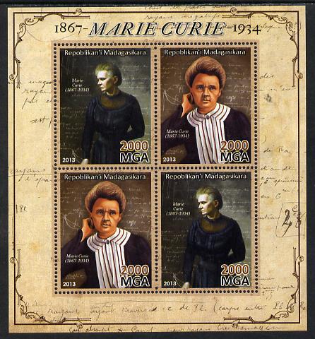 Madagascar 2013 Marie Curie perf sheetlet containing 4 values unmounted mint, stamps on personalities, stamps on nobel, stamps on women, stamps on medical, stamps on physics, stamps on chemistry, stamps on cancer, stamps on diseases