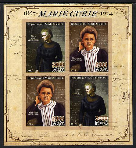 Madagascar 2013 Marie Curie imperf sheetlet containing 4 values unmounted mint, stamps on personalities, stamps on nobel, stamps on women, stamps on medical, stamps on physics, stamps on chemistry, stamps on cancer, stamps on diseases