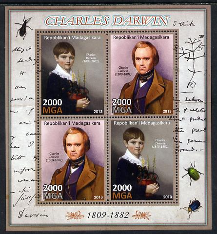 Madagascar 2013 Charles Darwin perf sheetlet containing 4 values unmounted mint, stamps on personalities, stamps on science, stamps on animals, stamps on insects
