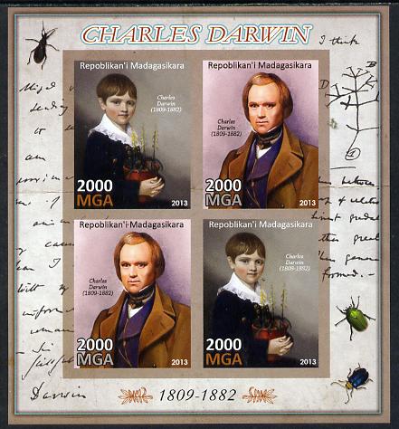 Madagascar 2013 Charles Darwin imperf sheetlet containing 4 values unmounted mint, stamps on personalities, stamps on science, stamps on animals, stamps on insects