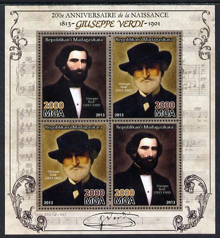 Madagascar 2013 200th Birth Anniversary of Giuseppe Verdi perf sheetlet containing 4 values unmounted mint, stamps on personalities, stamps on verdi, stamps on opera, stamps on music, stamps on composers, stamps on 